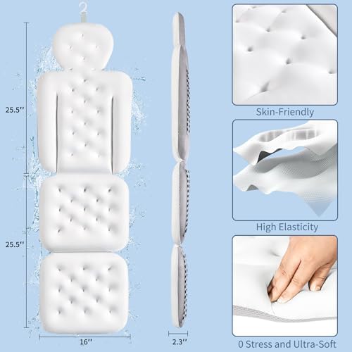 Luxury Bath Cushion, Full Body Bathtub Pillow with 160 Suction Cups, Bath Mat for Head and Neck Support, with Laundry Bag (White, 51.2" x 16.2")