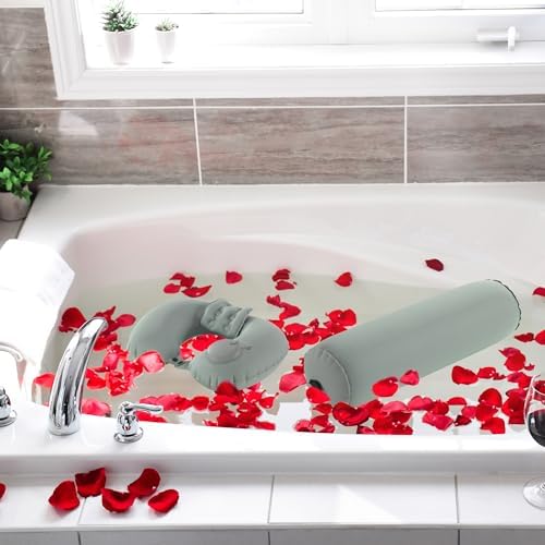 MABOZOO U-Shaped Full Body Bath Pillow for Tub 2 Pcs Inflatable Bathtub Bath Pillows with Adjustable Button for Shower, Neck Support Headrest & Leg Pillow for Relaxation Spa Soak in Bathtub