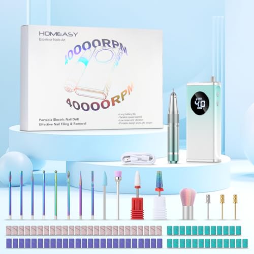 Electric Nail Drill, 40000RPM Professional E-Filer Rechargeable with 15 Drill Bits, Portable Nail File Electric Nail Filer for Acrylic Nails Gel Polishing Removing for Salon Home (Blue)