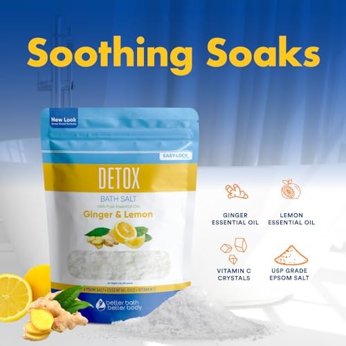 Detox Bath Salt 32 Ounces Epsom Salt with Natural Ginger and Lemon Essential Oils Plus Vitamin C in BPA Free Pouch with Easy Press-Lock Seal