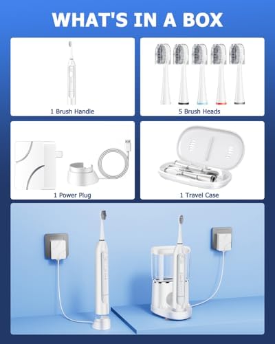Electric Toothbrush with Water Flosser Combo 3 in One, Advanced 2.0 Flossing Toothbrush for Teeth Cleaning and Flossing, 5 Speed&3 Mode, 500ML Large Tank, Rechargeable, 5 Replacement Brush Heads-White