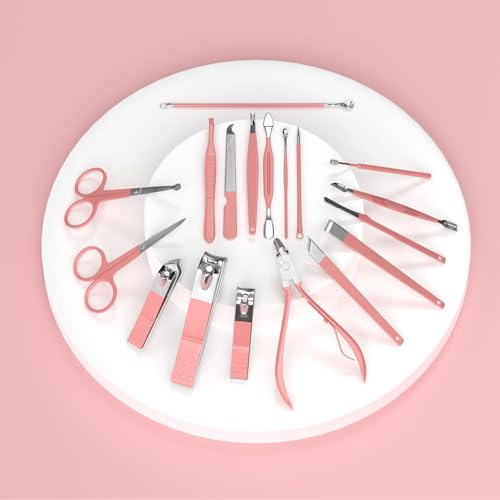 ZIZZON Manicure Set 18 in 1 Professional Pedicure Set Nail scissors Grooming Kit with Leather Travel Case Pink