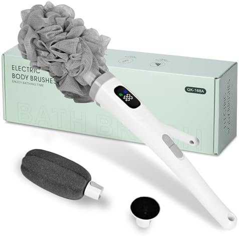 Electric Body Brush Back Scrubber for Shower - 3 in 1 Waterproof & Rechargeable with Long Handle, 3 Heads & 2 Speeds for Foam Generating, Cleansing, Exfoliating, Foot Callus Remover