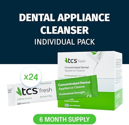 TCS Fresh Concentrated Dental Appliance Cleaner Set, Professional Denture and Retainer Cleaner Powder with Soft Bristle Brush (24 Packets, 6 Month Supply, Mint Flavor)