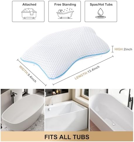 Non Slip Bath Pillow, Luxury Spa Bathtub Head & Neck Rest Support, Permeable Quick Drying Air Mesh Tub Pillow with 4 Large Suction Cups, Fits Any Tubs, Soft and Relaxing