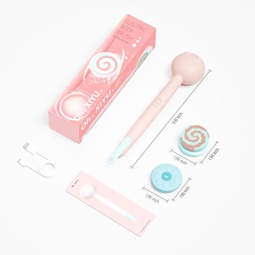 Electric Back Scrubber for Shower Body Brush, Waterproof Automatic Body Scrubber for Cleansing, Massaging and Exfoliating, Spinning Bath Brush with 2 Heads & 3 Speed Modes, Berry Pink