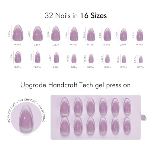 VSALON Press On Nails Short Almond, 32 Pcs 16 Sizes Purple Cat Eye Press On Nails French Tip Acrylic Fake Nails With UV Glue Reusable Stick On Nails Semi-transparent False Nails Summer Gifts For Women