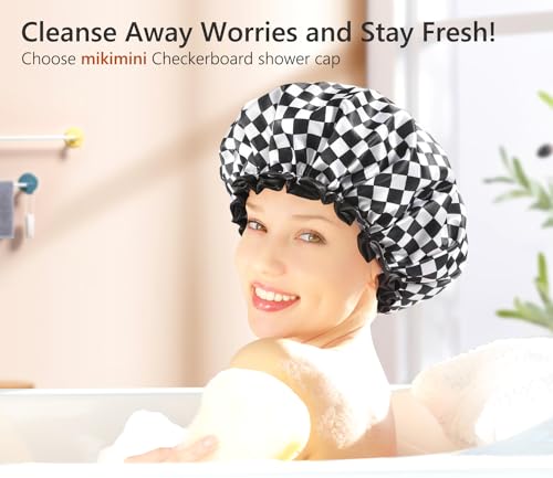mikimini Shower Cap for Women, Reusable, Double Layers Waterproof Bathing Shower Hat with Soft Comfortable PEVA Lining, Non-fading, Stretchy & Shower Cap for Long Hair Medium Pack of 2, Checkered