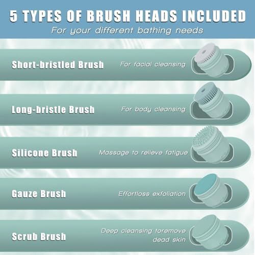 Electric Body Brush Back Scrubber for Shower, Ipx7 Waterproof Back Scrubber for Shower, Auto Spinning Exfoliating Massage Bath Brush RechargeableRotating Body Brushes with 5 Brush Heads