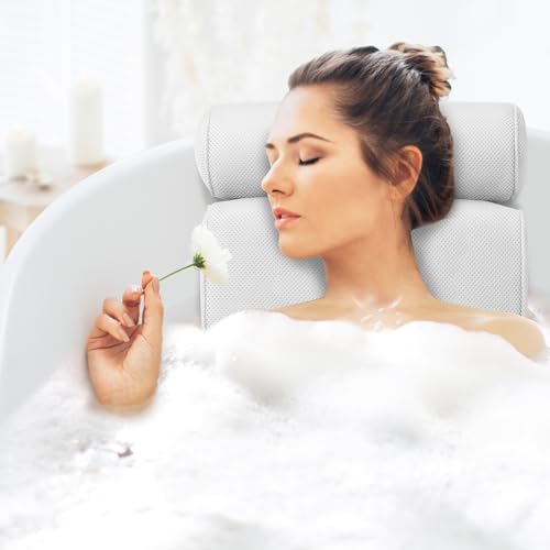 LuxStep Bath Pillow Bathtub Pillow with 6 Non-Slip Suction Cups for Head,Neck and Back Support, Extra Thick and Soft Air Mesh Spa Pillow for Bath - Fits All Bathtub, 15.35x14.56 Inch, White