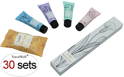 TravelWell Hotel Travel Size, Bulk Amenities and Toiletries for Hospitality, 180 Items, Individually Wrapped, 30 pieces each of Travel Shampoo, Conditioner, Soap Bars, Lotion, Body Wash, Dental Kit
