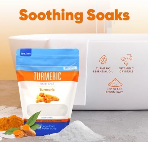 Turmeric Bath Salt 32 Oz Epsom Salt with Essential Oils Turmeric, Cinnamon, Orange Plus Vitamin C in BPA-Free Pouch with Easy Press-Lock Zipper | Natural Bath Soak to Relieve & Soothe | Made in USA