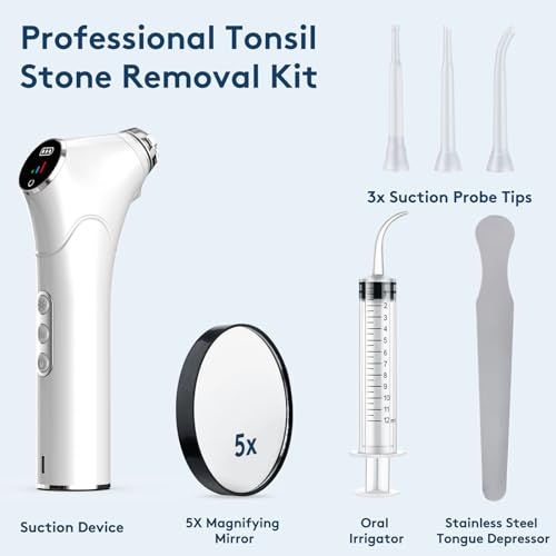 Tonsil Stone Remover Kit - Electronic Tonsil Stone Vacuum with Built-in LED Light - Tonsil Stone Removal Kit with 3 Levels Suction - Instant Suction - Irrigator and 5X Magnifying Mirror (White)