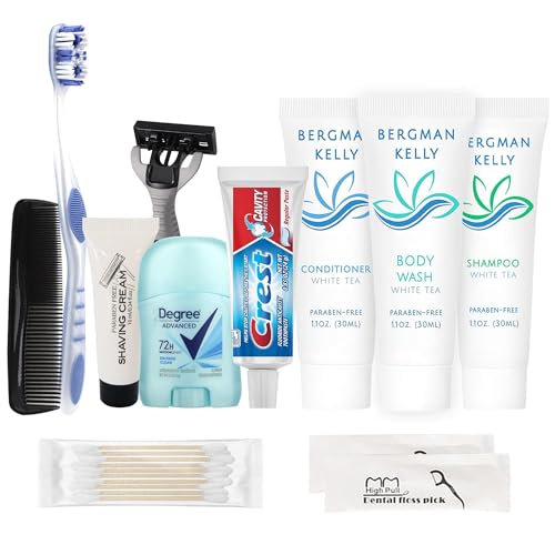 Trektote Travel Toiletry Kit For Men – (50 Pack) 12 Piece Set Of Travel Size Toiletries, TSA Compliant, Travel Essentials, Includes Shampoo And Conditioner, Body Wash, Toiletry Bag & More