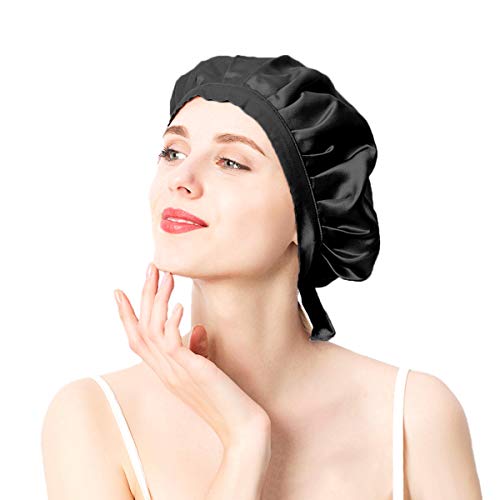 moonsix Women's Natural Silk Night Cap Satin Sleep Caps Elastic Head Cover Bonnet for Hair Care,Tape,Black