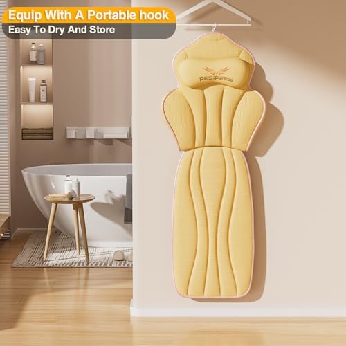 Ergonomic Full Body Bath Pillow for Bathtub, 3.9 inch Thickened Tub Pillows for Back Support and Headrest Neck, Soft 5D Air Mesh Cushion & Mat, Bathtub Pillow with 13 Suction Cups(Gold)