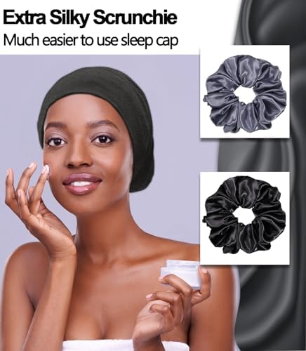 Satin Bonnet for Sleeping Night Cap, Satin Lined Silk Bonnet Large Sleep Cap for Curly Braids Hair Beanie Black Women
