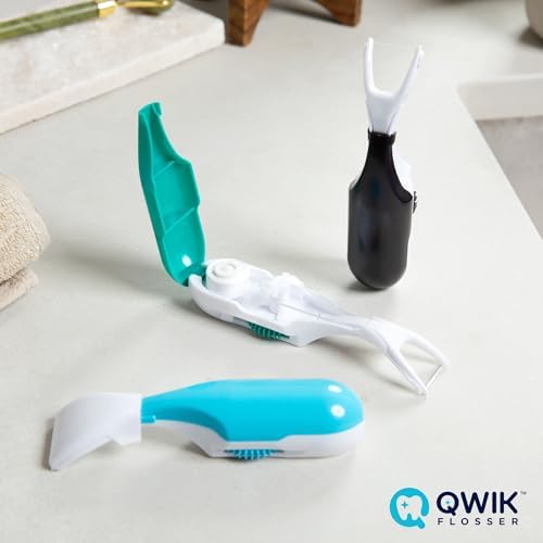 QWIK Automatic Dental Flosser | Click-to-Use, Reusable & Refillable | Pre-Loaded Floss with Travel Cover | Easy Flossing for Plaque Removal, Clean Teeth & Fresh Breath (Dark Blue)