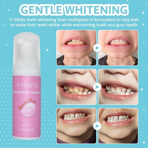 V-White Foam Teeth Whitening Toothpaste - Organic Toothpaste Fluoride Free, Alcohol Free, pH Balanced - Deep Cleansing, Stain Removal, Travel Friendly, for Kids & Adults (Large, Bubblegum)