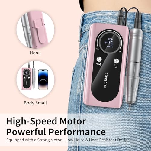 Electric Nail Drill Machine 45,000RPM - Professional Electric and Rechargeable Nail Drill with LCD Display, 6 Bits and 30 Sanding Bands, Low Heat Quiet E-File for Acrylic Gel Nails (Pink-01)