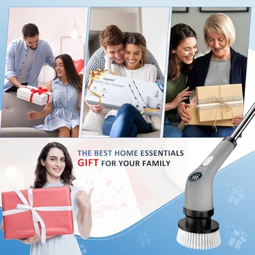 Electric Spin Scrubber, Full-Body IPX7 Waterproof Cordless Power Cleaning Brush with Adjustable Extension Handle, 2-Speed Shower Scrubber with 7 Replaceable Brush Heads for Bathroom, Kitchen, Grey