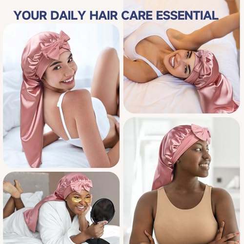 Umisleep 22 Momme Mulberry Silk Bonnet for Sleeping Women, Untangled Hair Care Bonnet, Extra Long for Curls & Braids - Lays Flat for Styling, Double Layer Hair Wrap with Soft Adjustable Tie, Pink
