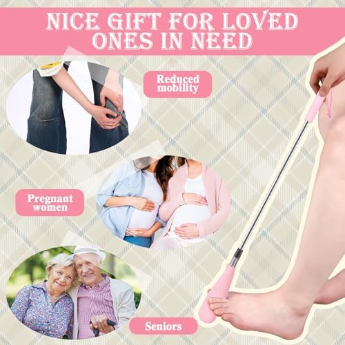 Toe Cleaning Brush Lotion Applicator for Feet with 6 Reusable Drying Covers Foot Cleaner with Telescopic Stainless Steel 16-30 Inch Handle Toe Scrubber for Elderly Disabled Men Women (Pink)