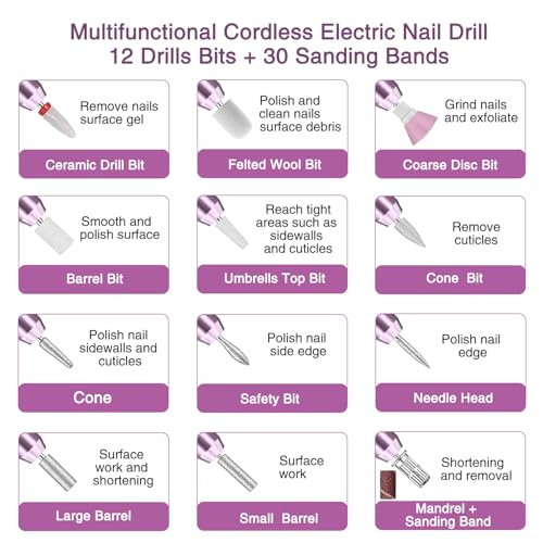 Electric Cordless Nail Drill File: LED Display Professional Portable Nail Drill for Acrylic Gel Dip Powder Nails Manicure Pedicure Kit Tool with Nail Drill Bits Sanding Bands, Purple