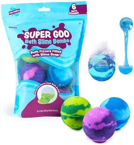 Super Goo Bath Slime 'Surprise' Bombs, 6 Pack | Kids Bath Bombs With Surprise Inside | Nontoxic | Stretchy, Squishy Slime Soap | Sensory Fun for Kids