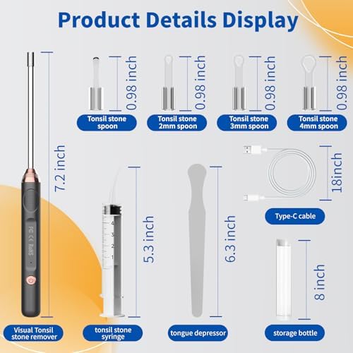 Tonsil Stone Remover with Camera,Tonsil Stone Removal Tool with LED Light,TonsilCleaner for Tonsil Stone Removal,Tonsillolith Removal Tool with 4 Head ,Attachments for iOS & Android