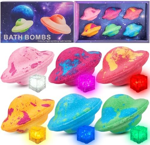 Light Up Bath Bombs with Surprise Light Cube Inside 6 Set 4 Ounce Big Size Romantic Saturn Natural Organic Saturn Bubble Bath Shower Bomb for Women Handmade Bubble Relaxing Spa Gift Bath Skin