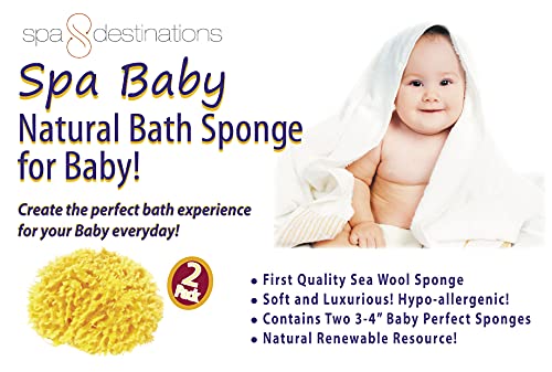 Spa Baby Absorbent Natural Bath Sponge Spa Destinations. Ultra Soft Premium Sea Wool Sponge, Biodegradable, Bath Accessories Baby and Kids, Infant Bath. Two (2) Pack 3-4 inch for Moms