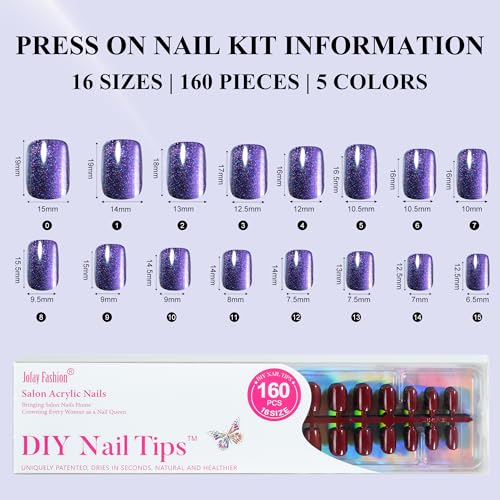 Cat Eye Press on Nails Short 5 Styles, Jofay Fashion 160Pcs Salon-Like Fake Nails with Glitter Chasing Light Cat Eye Designs, Valentines Artificial Acrylic Nails Glue on Nails Stick on Nails for Women