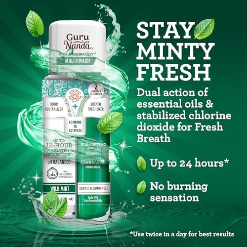 GuruNanda Dual Barrel Breath Harmonizer Mouthwash - Freshens Breath - Alcohol & Fluoride Free with Sodium Chlorite & Essential Oils - Wild Mint Flavor, 20 Fl Oz