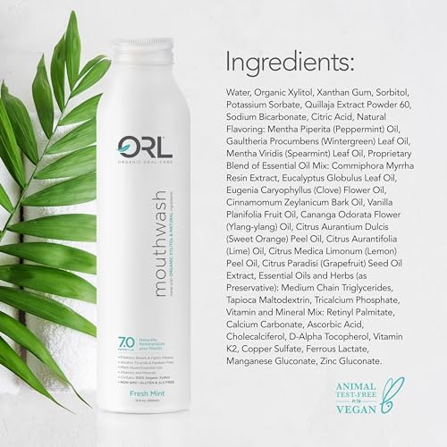 ORL Natural & Organic Alcohol-Free Mouthwash Uniquely Formulated to Clean Your Mouth, Whiten Your Teeth, Strengthen Tooth Enamel with 7.0 pH Balance. Eco-Friendly Aluminum Bottle. 16.9 oz.