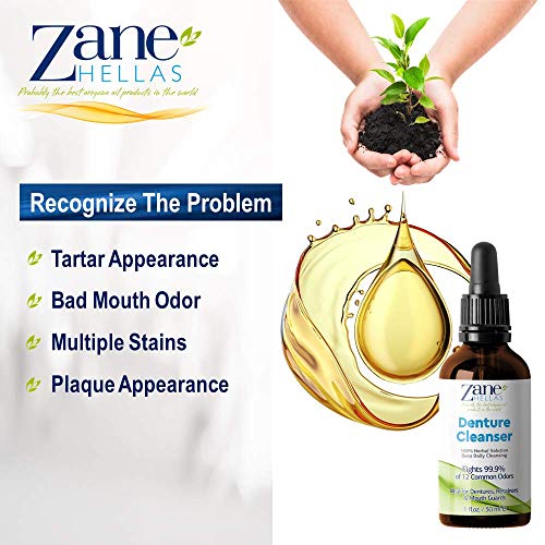 Zane Hellas Denture Cleaner. Oregano Oil Power. Ideal for Dentures, Retainers, Braces, Mouth Guards. Helps Remove Plaque, Tartar, Stains and Bad Odor. 100% Herbal Solution. 1 fl.oz.-30ml.