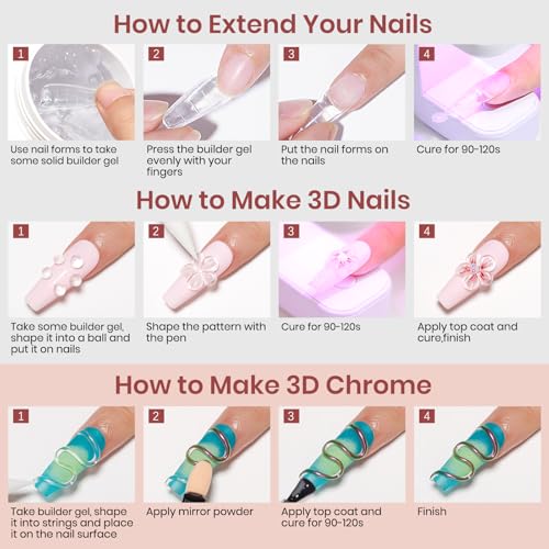 MIZHSE Solid Builder Gel for Nails: 4-in-1 3 Colors Hard Gel for Nails 3D Nail Art for Sculpting with Dual Forms Silicone Pen Soak Off U V LED Manicure Salon DIY Gift