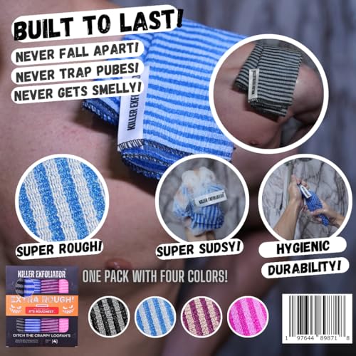 Premium Extra-Rough Japanese Exfoliating Body Scrubber: Extra Long, Hygienic, Body Scrubber Exfoliator for Men & Women - 4 Count Pack (Black, Blue, Purple & Pink)