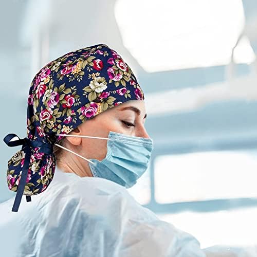 Surgery Cap Bouffant Caps Working Cap with Buttons and Ribbon Tie for Women, Long Hair