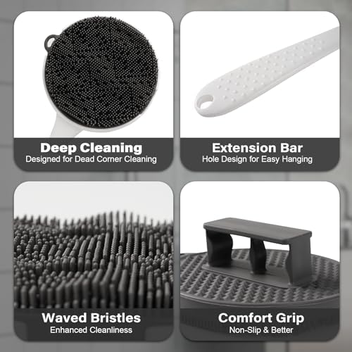 Silicone Back Scrubber for Shower, 2025 Upgrade 16 Inch Detachable Long Handle Body Brush, Loop Bristles Shower Brush for Exfoliating, Deep Cleansing for Men & Massage Can Produce Rich Foam