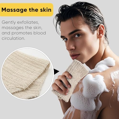 Natural Sisal & Ramie Exfoliating Body Scrubber for Shower with Handle(2pcs) - Deep Cleanse Back Scrubber, Scrub Spa Tool for Glowing Skin & Whole Body Care (2pcs)