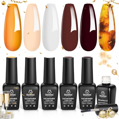 Beetles Gel Nail Polish with Blooming Gel - 5 Colors Gel Polish White Wine Brown Color Nail Polish Set Amber Attraction 1pcs Clear Blooming Polish Soak Off Uv Nail Art Gfit Set for Women