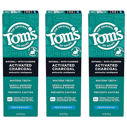 Tom's of Maine Natural Activated Charcoal Toothpaste with Fluoride, Peppermint, 4.0 Oz (Pack of 3)