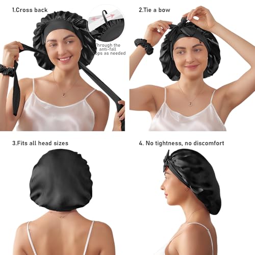 LitBear 100% Mulberry Silk Bonnet for Sleeping Women, 6A 22 Momme, Large Double-Layer Silk Hair Wrap with Tie Band, Non-Slip Turban, Includes Silk Scrunchie