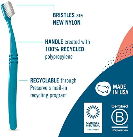 Preserve Eco Friendly Adult Toothbrushes, Made in The USA from Recycled Plastic, Ultra Soft Bristles, Paperboard Package, Colors Vary, 6 Count