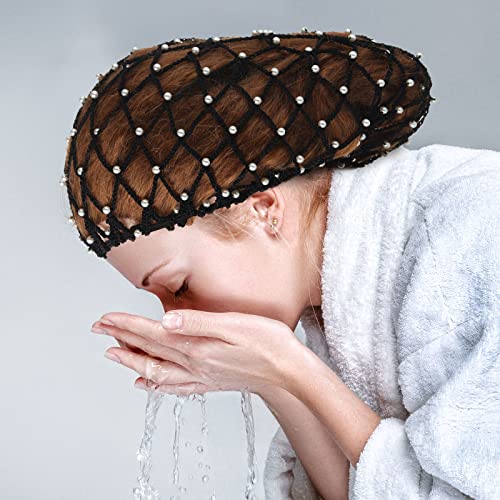 MTLEE 2 Pcs Black and Gray Mesh Crochet Pearl Hair Snood Rayon Knit Crocheted Sleeping Cap Net for Women Long Curly Hair