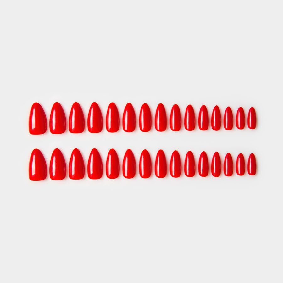 30Pcs Christmas Red Almond Press On Nails Reusable Fake Nails- Supremely Fit & Natural Soft Gel Nails,15 Sizes, Reusable Fake Nails Kit with Gift Box for Women (Warm Red)