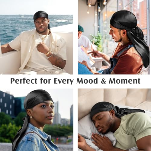 YFONG 2 Pack 100% 22 Momme Mulberry Silk Durags for Men Women, Extra Long Strap Silky Durag, Breathable and Soft Du Rag for 360 Waves, Pure Silk Durag for Hair Care and Stylish Outfits, Black+White