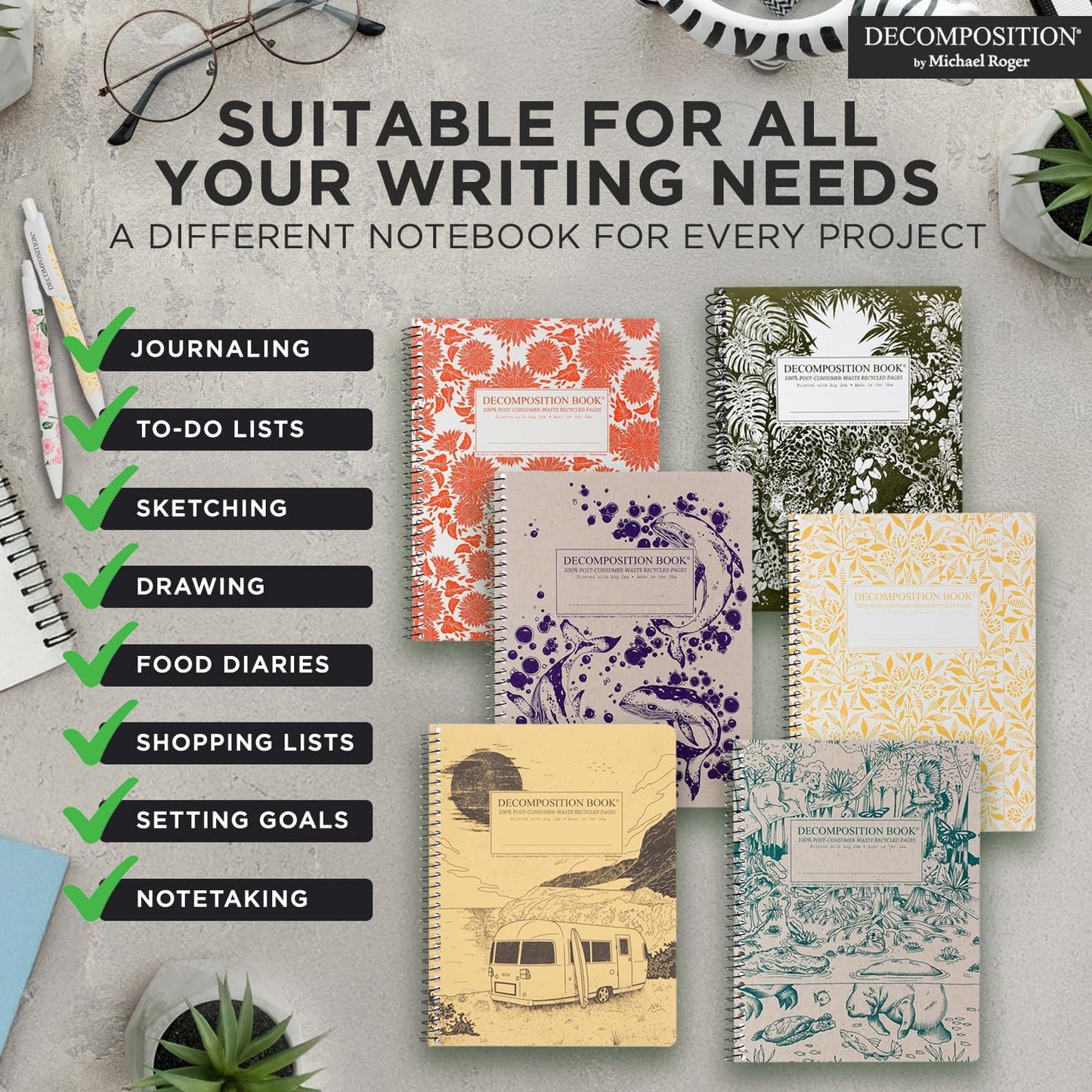Decomposition 3-Pack Whimsical Garden College Ruled Spiral Notebook - 9.75 x 7.5 Journal, 160 Lined Pages - 100% Recycled Paper - Notebooks for School Supplies, Home & Office - Made in USA