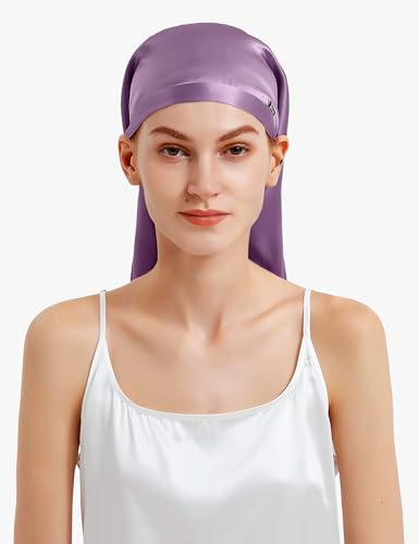 LilySilk 100% Silk Bonnet Mulberry 19 Momme Silk Sleep Cap Long for Curly Hair Night Cap for Sleeping, Silk Hair Wrap for Women Lavender